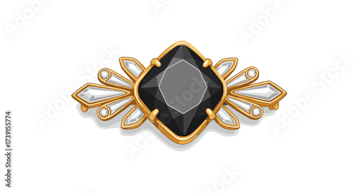 Elegant black gemstone brooch design with gold and crystal accents