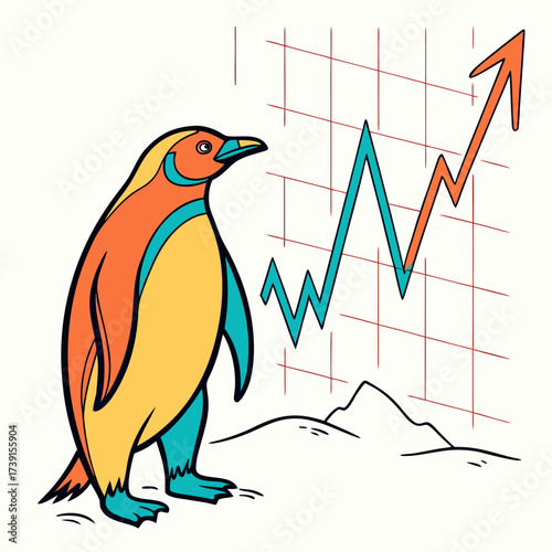 Vector art of a colorful penguin stands before a rising stock market graph, its gaze fixed on the upward trend, symbolizing investment, growth, and the potential for financial success