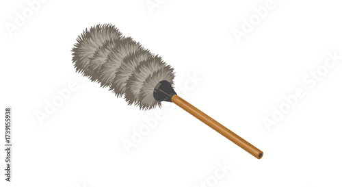 Realistic feather duster with wooden handle on white background