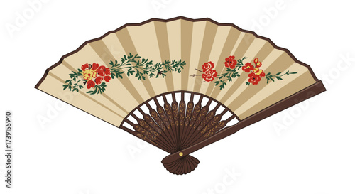 Elegant floral hand fan with traditional asian design and intricate patterns