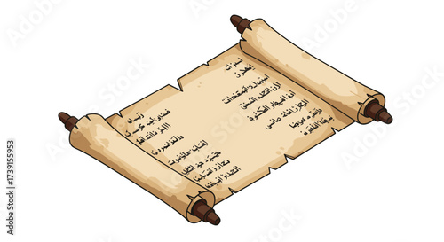 Ancient arabic scroll with text and decorative wooden handles