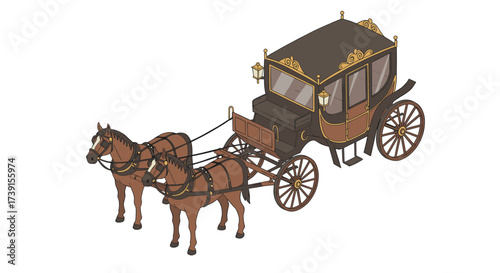Vintage horse-drawn carriage with ornate design in isometric style
