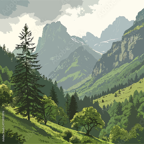 Vector art of a breathtaking vector illustration captures a majestic mountain range, with lush green valleys and towering peaks, evoking a sense of awe and the grandeur of natures beauty