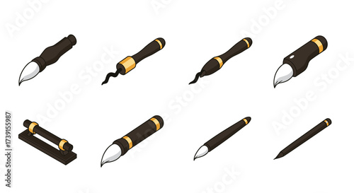 Isometric set of classic and modern pen nib designs on white background