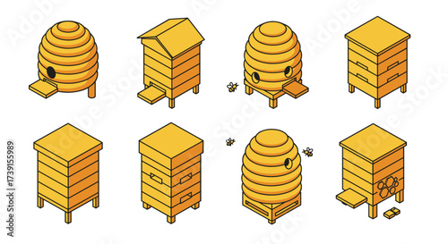 Isometric beehive designs set: diverse apicultural icons for honey themes