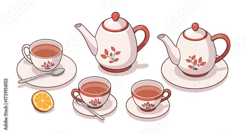 Elegant tea set with floral design and lemon slice in isometric style