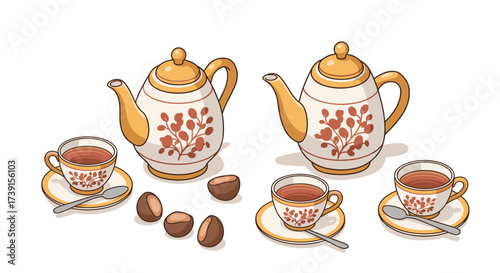 Charming teapot and teacup arrangement with floral design and nuts