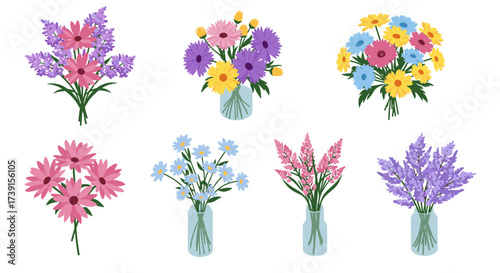 Vibrant floral arrangements in vases featuring colorful blossoms and greenery