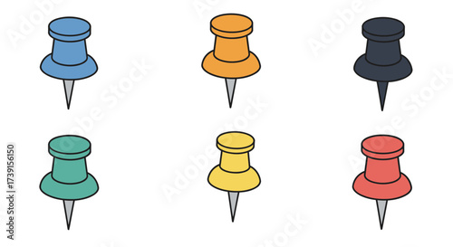 Colorful push pins set on white background in flat design