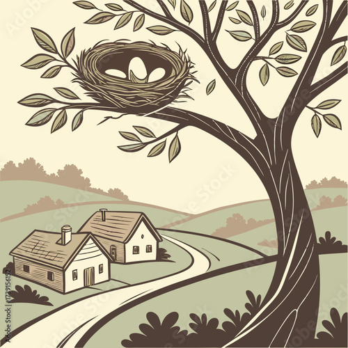 Vector art of a serene countryside scene unfolds with a cozy nest nestled in a tree, overlooking quaint houses dotting the rolling hills, evoking a sense of tranquility and rural beauty