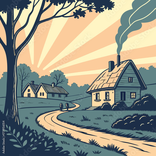 Vector art of a picturesque countryside scene unfolds with a charming house nestled amidst rolling hills, bathed in the warm glow of the setting sun, evoking a sense of tranquility and rural beauty