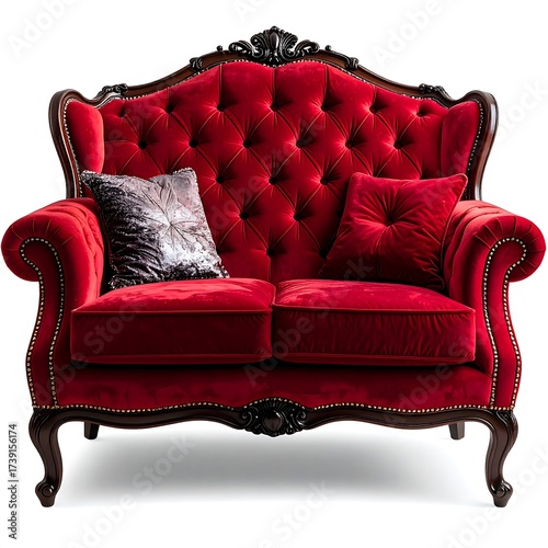 Red velvet loveseat with ornate wood frame