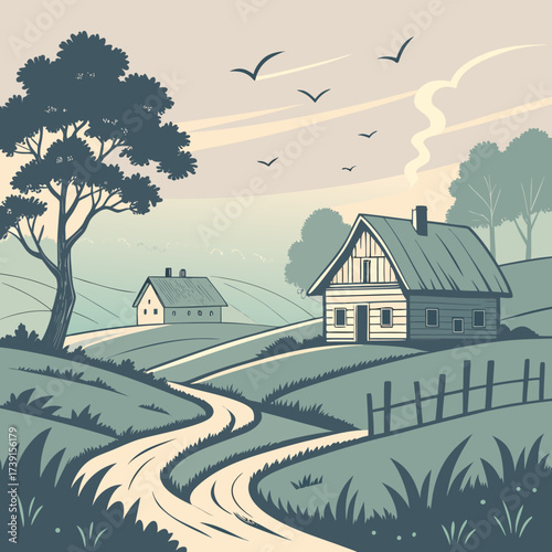 Vector art of a picturesque countryside scene with a winding road leading to charming houses, birds soaring in the sky, and a lush, vibrant color palette capturing the essence of rural life