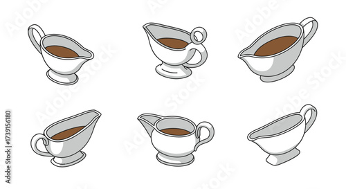 Set of various gravy boats with different designs on white background