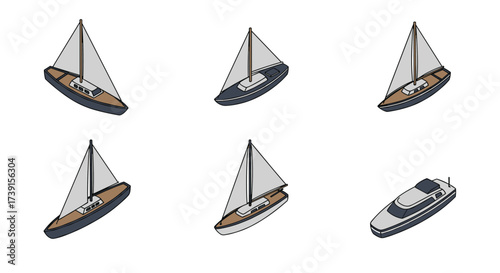 Set of isometric sailing boats: diverse angles and designs