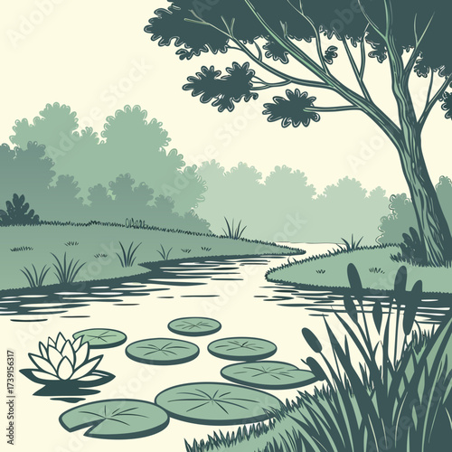 Vector art of a tranquil pond with lily pads and a water lily under a tree, creating a peaceful and serene scene of nature, perfect for relaxation and contemplation in a natural environment