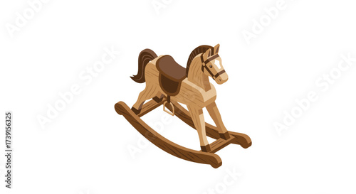Classic wooden rocking horse in isometric style for kids' fun and nostalgia