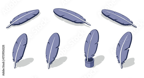 Isometric feather set in various angles and ink pot design for creative projects