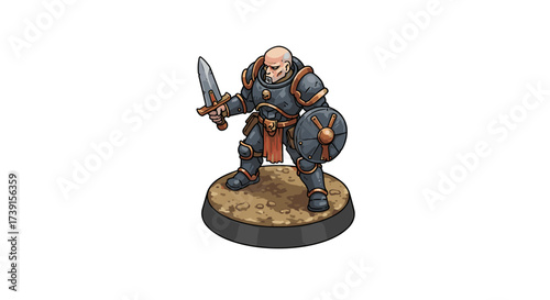 Armored warrior in battle stance with sword and shield on base