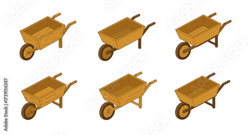 Isometric wooden wheelbarrows collection in various angles