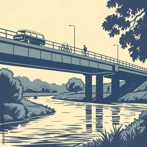 Vector art of an illustration of a bridge over a river, featuring vehicles and pedestrians, set against a backdrop of lush greenery and a serene sky, capturing a moment of everyday life in motion