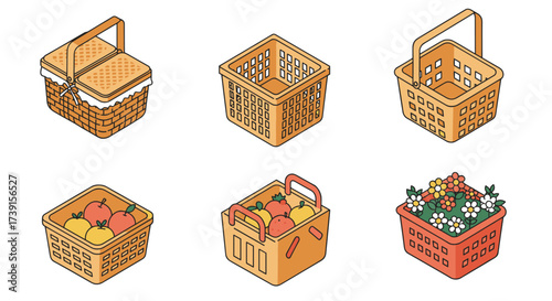 Isometric shopping and picnic baskets and floral arrangement for designers