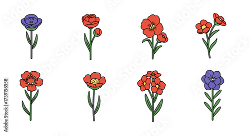 Colorful minimalist floral icons set on white background