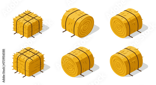 Isometric hay bale collection: square and round bundles on white background