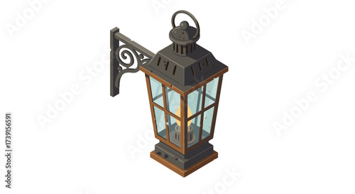 Isometric vintage lantern with glass panels and metal frame