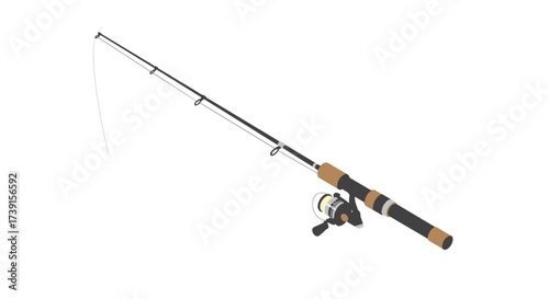 Modern isometric fishing rod with reel on white background
