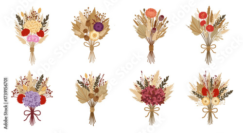 Vibrant autumn floral bouquets with dried flowers and grasses
