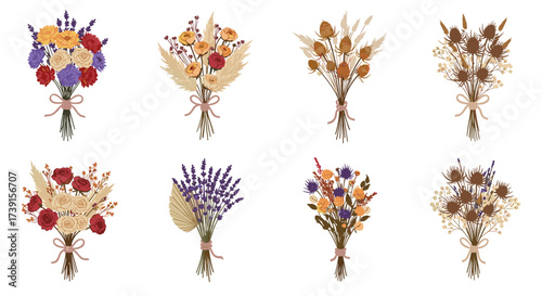 Diverse floral bouquets with rustic charm and autumn colors