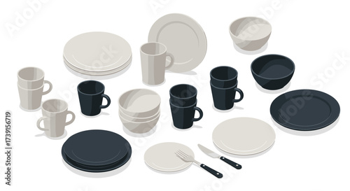 Minimalist kitchenware collection featuring black and white dishes and cups