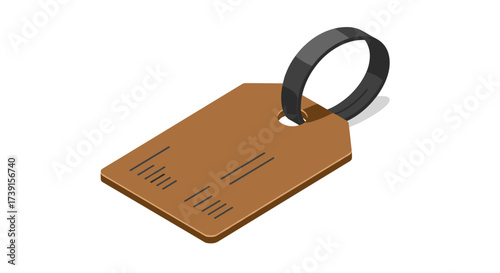 Isometric brown key tag with ring on white background for identification