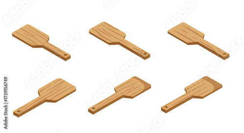 Set of wooden kitchen utensils in isometric view with different angles