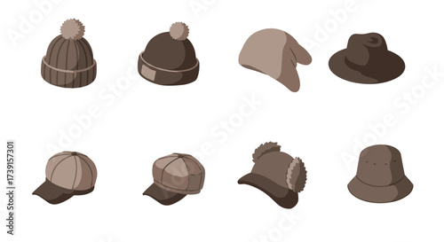 Collection of various hats and caps in soft tones