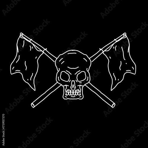 Skull with crossed flags in white outline on black background, gothic rebel style for tattoo, streetwear, and dark art design
