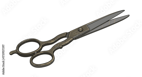 Vintage barber scissors with ornate handle on white background