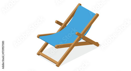 Isometric blue beach chair on wooden frame for relaxation and summer decor