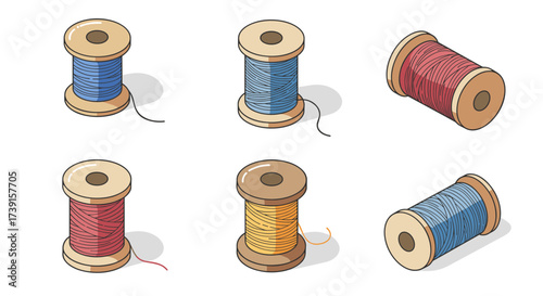 Colorful thread spools in isometric style on white background