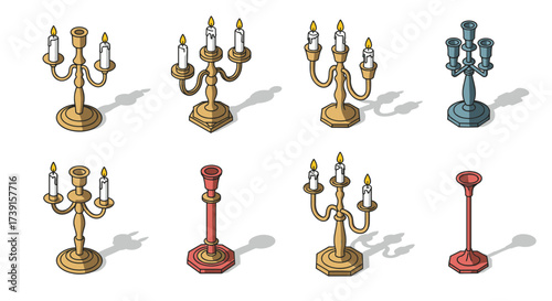 Isometric candelabras collection: elegant candle holders in various styles and colors