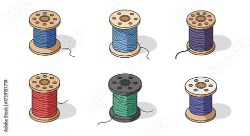 Colorful thread spools in isometric style on white background