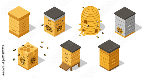Isometric beehive collection with bees in various styles and designs on white background