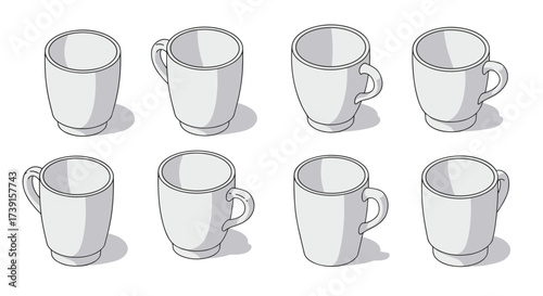 Isometric tea cups set in various angles for design projects