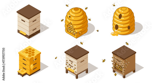 Isometric beehives and beekeeping icons with honey and bees