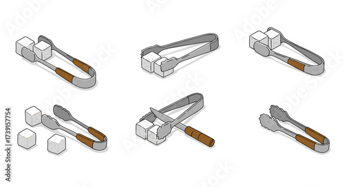Isometric kitchen tongs with sugar cubes set in various angles