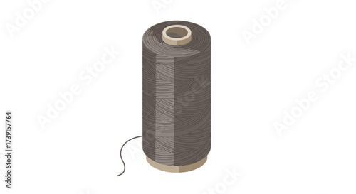 Isometric spool of brown sewing thread for tailoring and fashion design
