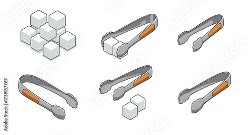 Isometric sugar cubes and tongs on white background