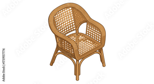 Classic wicker armchair with curved design on white background