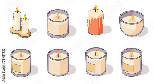 Set of cartoon candles with flames in diverse shapes and containers